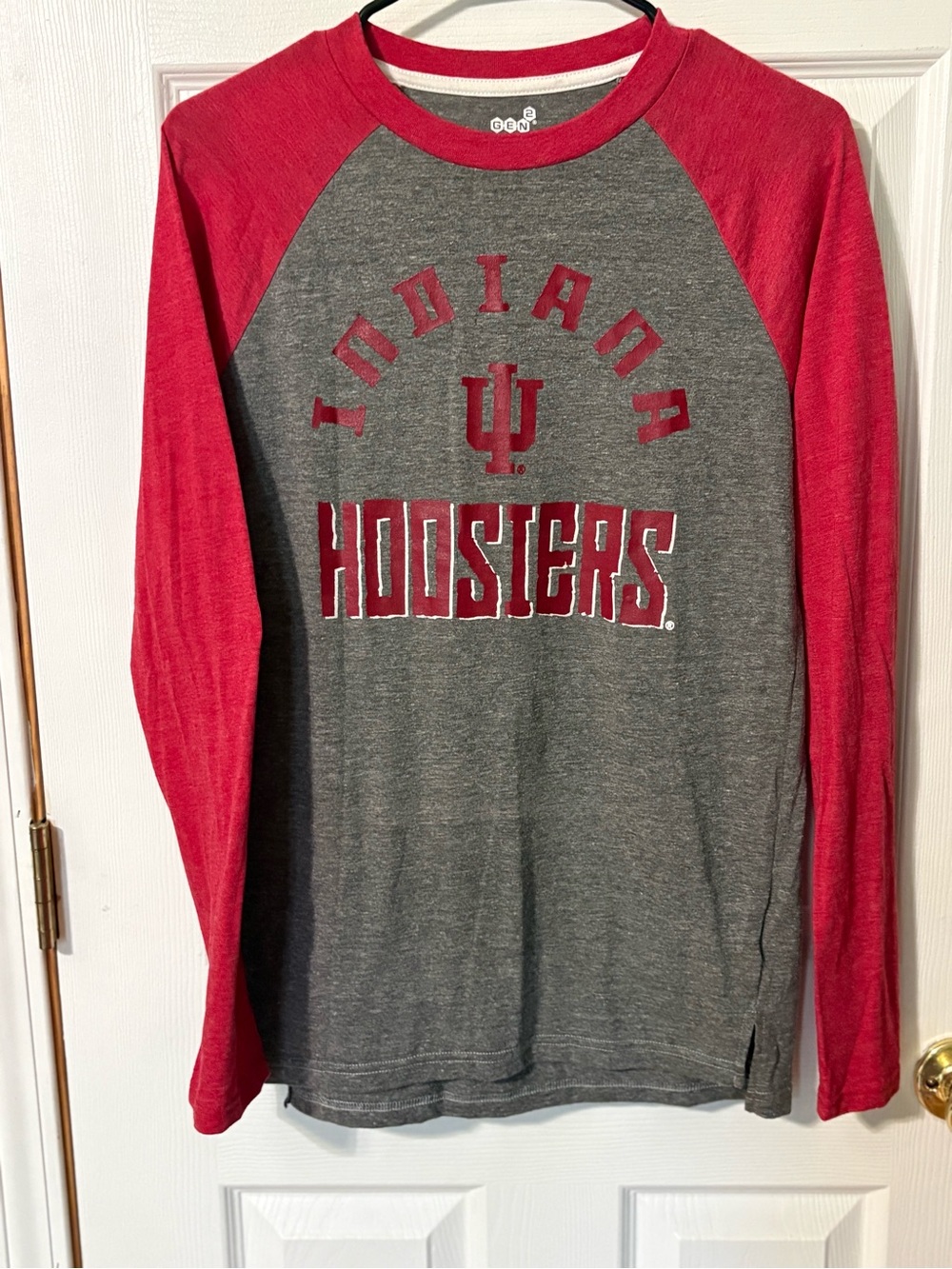 Indiana Hoosiers Long Sleeve Raglan Tee - Red Sleeves, Gray Body